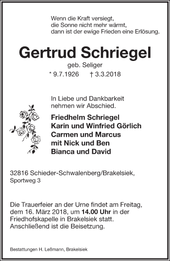 Anzeige  Gertrud Schriegel  Lippische Landes-Zeitung