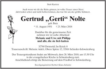 Anzeige  Gertrud Nolte  Lippische Landes-Zeitung