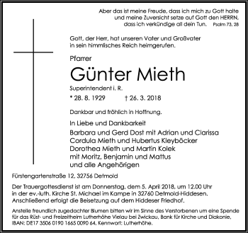 Anzeige  Günter Mieth  Lippische Landes-Zeitung