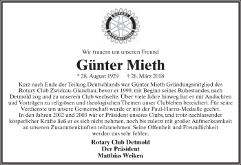 Anzeige  Günter Mieth  Lippische Landes-Zeitung