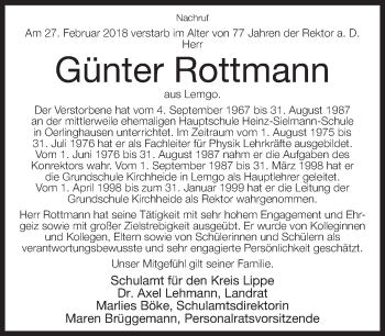 Anzeige  Günter Rottmann  Lippische Landes-Zeitung