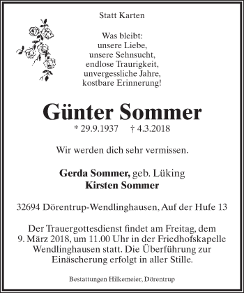 Anzeige  Günter Sommer  Lippische Landes-Zeitung