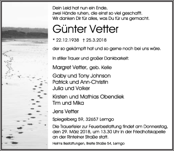 Anzeige  Günter Vetter  Lippische Landes-Zeitung