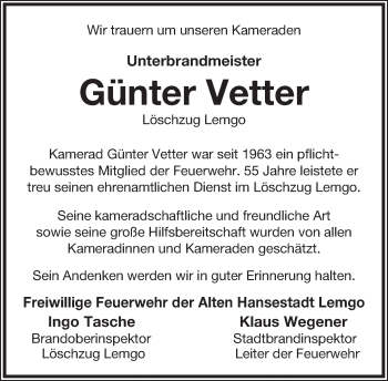Anzeige  Günter Vetter  Lippische Landes-Zeitung