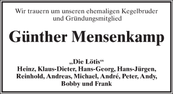 Anzeige  Günther Mensenkamp  Lippische Landes-Zeitung