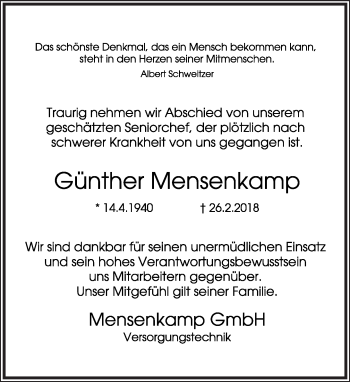 Anzeige  Günther Mensenkamp  Lippische Landes-Zeitung
