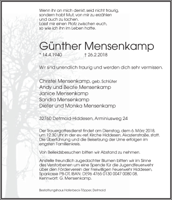 Anzeige  Günther Mensenkamp  Lippische Landes-Zeitung