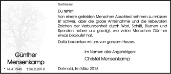 Anzeige  Günther Mensenkamp  Lippische Landes-Zeitung