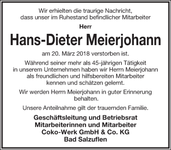 Anzeige  Dieter Meierjohann  Lippische Landes-Zeitung