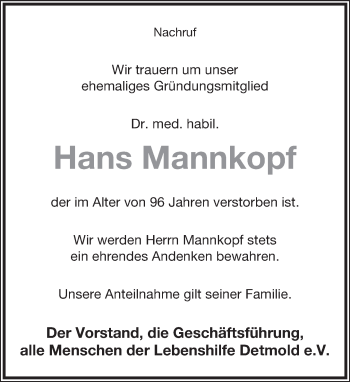 Anzeige  Hans Mannkopf  Lippische Landes-Zeitung