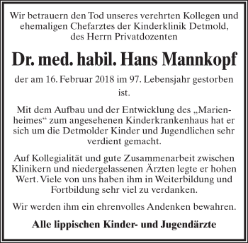 Anzeige  Hans Mannkopf  Lippische Landes-Zeitung