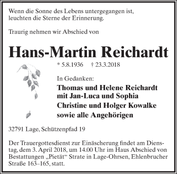 Anzeige  Hans-Martin Reichardt  Lippische Landes-Zeitung