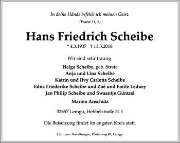 Anzeige  Hans Friedrich Scheibe  Lippische Landes-Zeitung