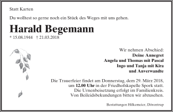 Anzeige  Harald Begemann  Lippische Landes-Zeitung