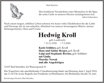 Anzeige  Hedwig Kroll  Lippische Landes-Zeitung