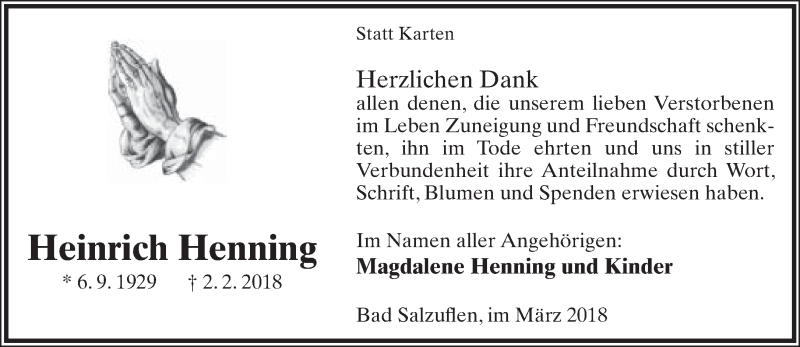  Traueranzeige für Heinrich Henning vom 24.03.2018 aus Lippische Landes-Zeitung