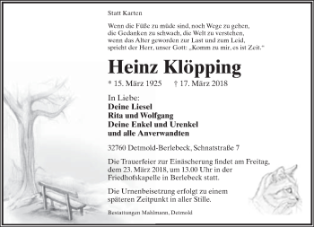 Anzeige  Heinz Klöpping  Lippische Landes-Zeitung
