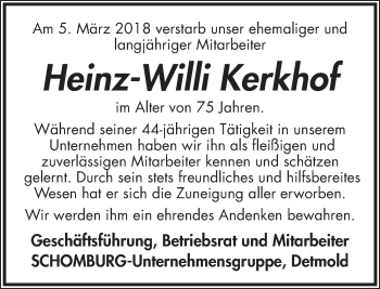 Anzeige  Heinz-Willi Kerkhof  Lippische Landes-Zeitung