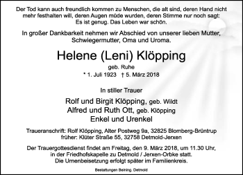 Anzeige  Helene Klöpping  Lippische Landes-Zeitung