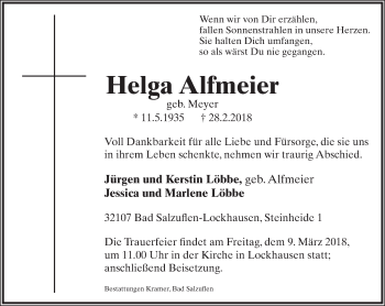 Anzeige  Helga Alfmeier  Lippische Landes-Zeitung