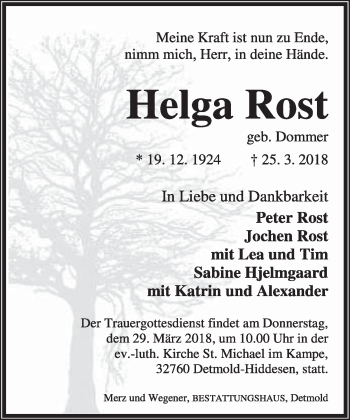Anzeige  Helga Rost  Lippische Landes-Zeitung