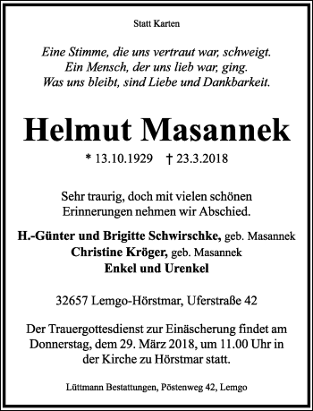 Anzeige  Helmut Masannek  Lippische Landes-Zeitung