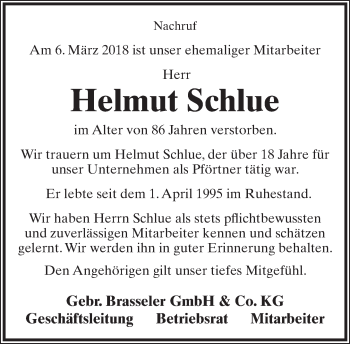 Anzeige  Helmut Schlue  Lippische Landes-Zeitung