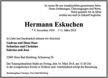 Anzeige  Hermann Eskuchen  Lippische Landes-Zeitung