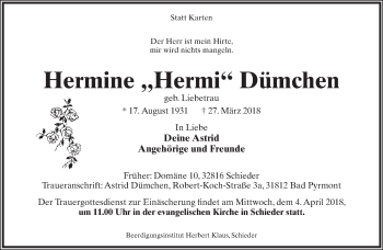 Anzeige  Hermine Dümchen  Lippische Landes-Zeitung