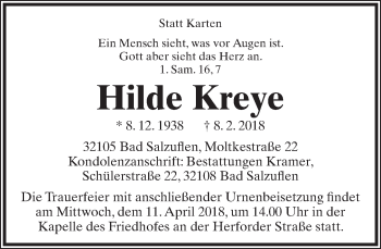 Anzeige  Hilde Kreye  Lippische Landes-Zeitung