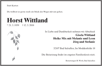 Anzeige  Horst Wittland  Lippische Landes-Zeitung