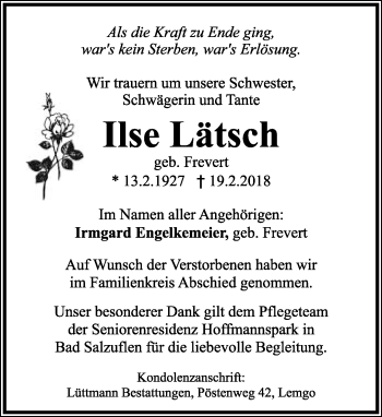 Anzeige  Ilse Lätsch  Lippische Landes-Zeitung