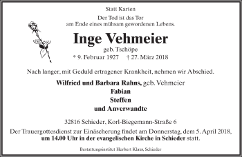 Anzeige  Inge Vehmeier  Lippische Landes-Zeitung