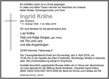 Anzeige  Ingrid Krähe  Lippische Landes-Zeitung