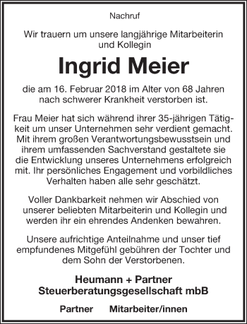 Anzeige  Ingrid Meier  Lippische Landes-Zeitung