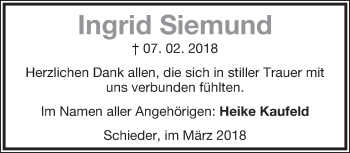 Anzeige  Ingrid Siemund  Lippische Landes-Zeitung