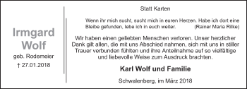 Anzeige  Irmgard Wolf  Lippische Landes-Zeitung