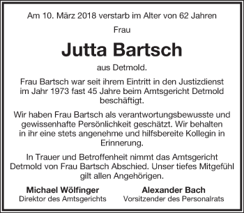 Anzeige  Jutta Bartsch  Lippische Landes-Zeitung