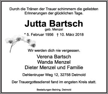 Anzeige  Jutta Bartsch  Lippische Landes-Zeitung