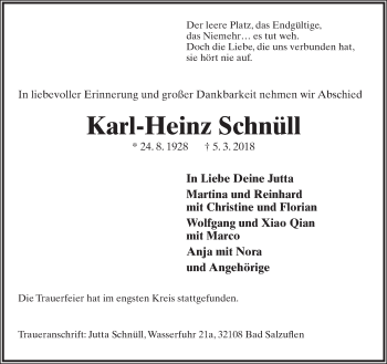 Anzeige  Karl-Heinz Schnüll  Lippische Landes-Zeitung
