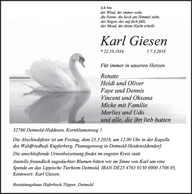  Traueranzeige für Karl Giesen vom 15.03.2018 aus Lippische Landes-Zeitung