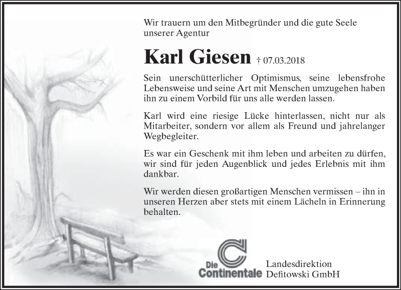 Traueranzeige für Karl Giesen vom 15.03.2018 aus Lippische Landes-Zeitung