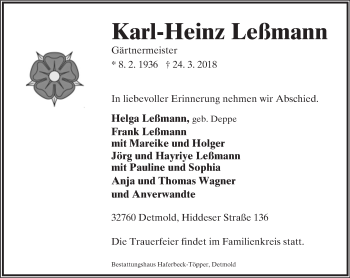 Anzeige  Karl-Heinz Leßmann  Lippische Landes-Zeitung