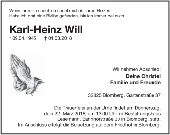 Anzeige  Karl-Heinz Will  Lippische Landes-Zeitung