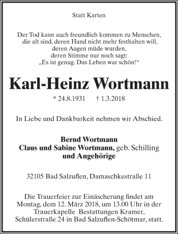 Anzeige  Karl-Heinz Wortmann  Lippische Landes-Zeitung