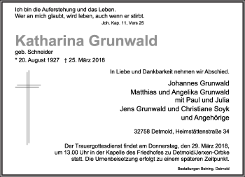 Anzeige  Katharina Grunwald  Lippische Landes-Zeitung