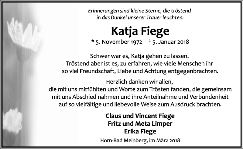  Traueranzeige für Katja Fiege vom 10.03.2018 aus Lippische Landes-Zeitung