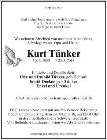 Anzeige  Kurt Tünker  Lippische Landes-Zeitung