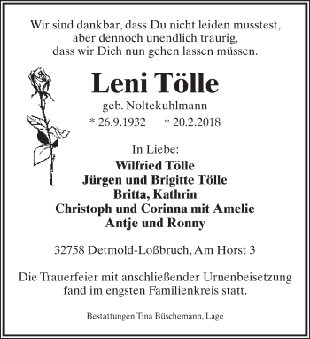 Anzeige  Leni Tölle  Lippische Landes-Zeitung