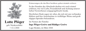 Anzeige  Lieselotte Plöger  Lippische Landes-Zeitung